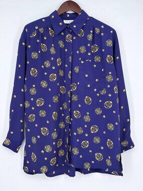 Vintage Chaus Scarf Print Blouse 10 Purple Gold Baroque Medallion Tunic Shirt